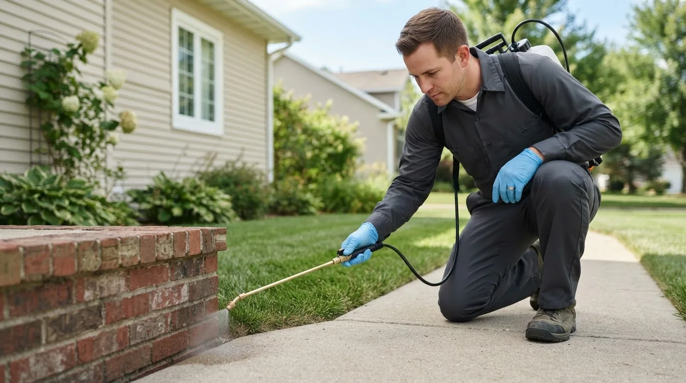 Pest control technician treating a home near Cambridge, VT