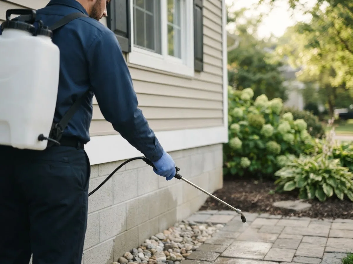 Pest control technician inspecting a home in Cambridge, VT